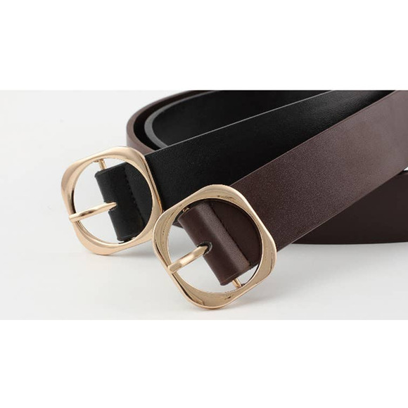 Belt Classic Faux Leather Black Square Metal Buckle Gold Tone Metal Buckle - Picture 2 of 6